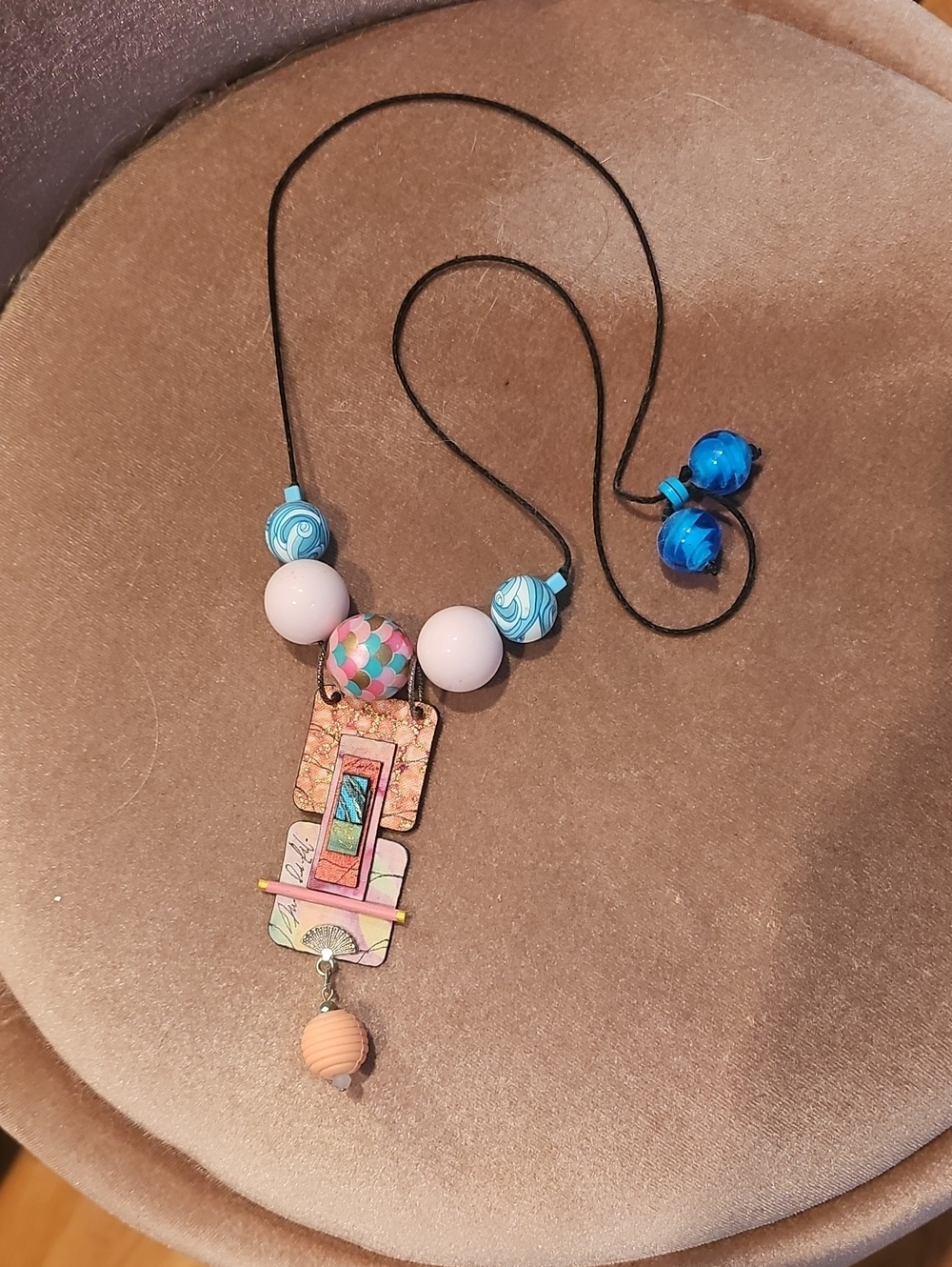 Artist Handcrafted Multicolor Pendant Necklace with Blue and Pink Beads